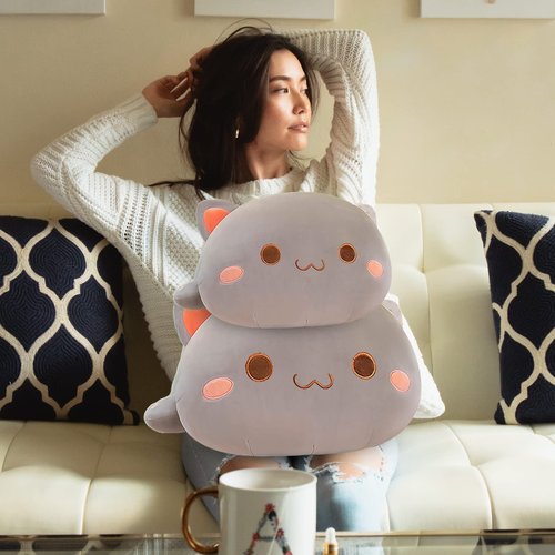FUYU Cat Stuffed Animals, Soft Cat Plush Pillow Kawaii Kitten Stuffed Animal Toy Gifts for Kids Boys Girls Room Decor (Grey Round Eyes,19in/50cm)