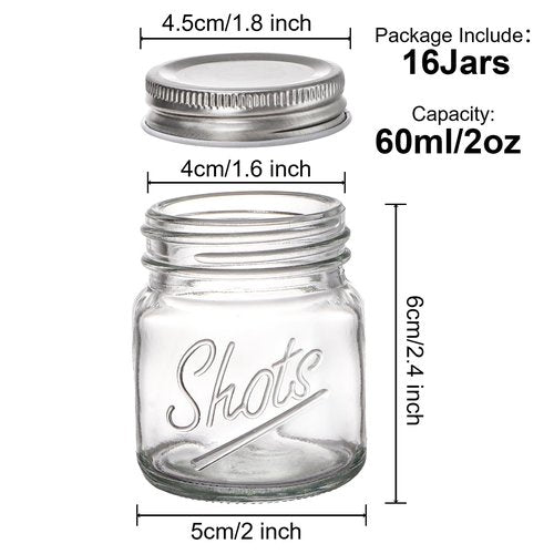 Lawei Set of 16 Mini Mason Jars with Lids - 2 Oz Mason Jars Shot Glasses Mason Shooter Glass for Drinks Shot Favors Desserts