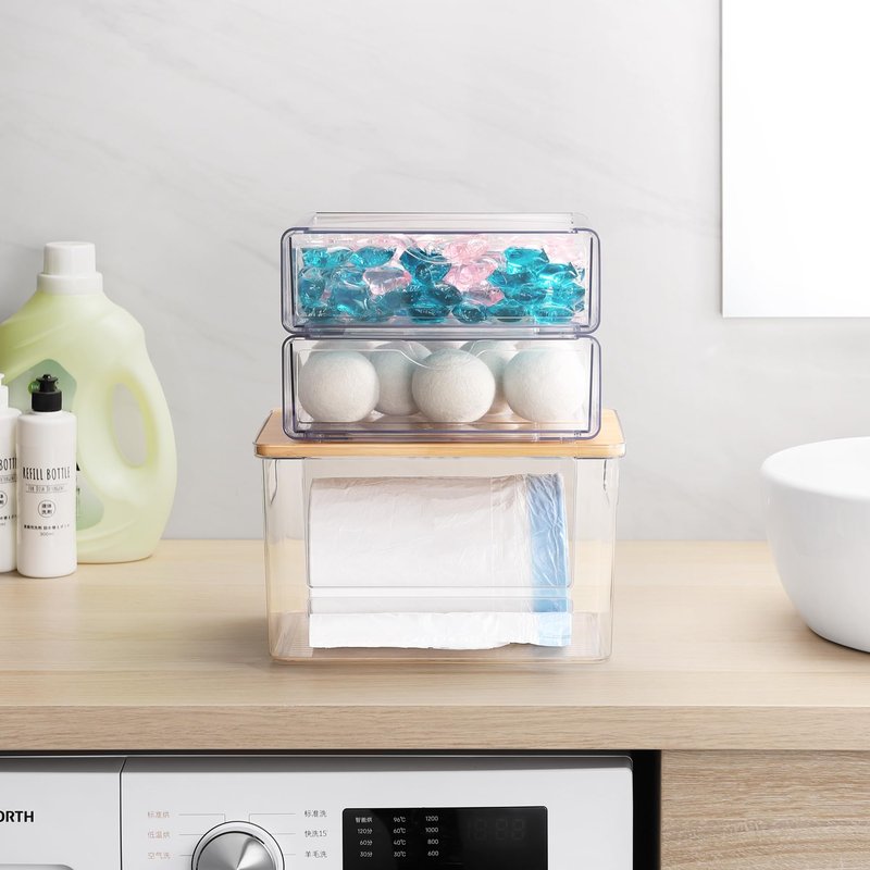 YAFFWA 3Pcs Extra Large Laundry Room Organization and Storage, Stackable Storage Drawers, Trash Bag Holder Under Sink, Garbage Bag Dispenser Roll Holder for Vanity, Bathroom,Cabinet,Desk Organization