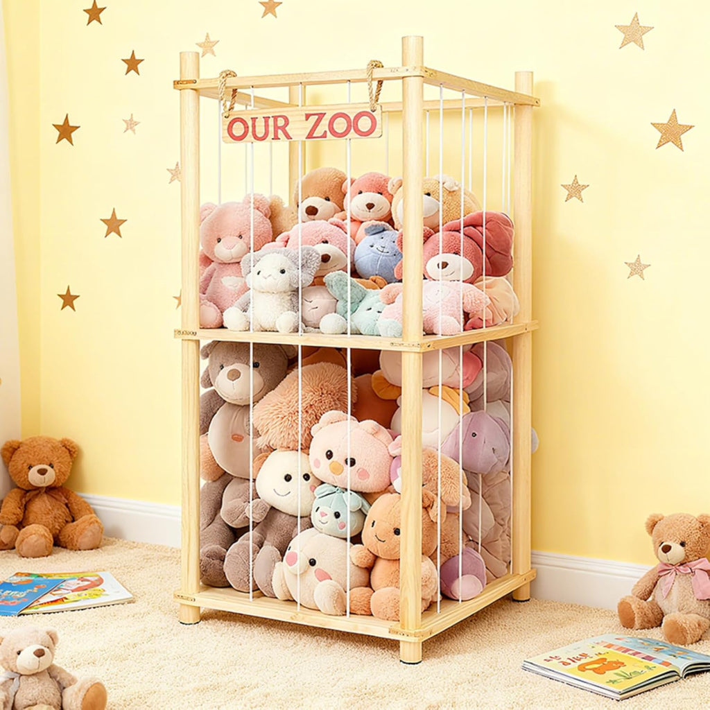 Natural Pine Wood Stuffed Animal Storage by Stuffed Animal Zoo - Space-Saving Plushie Playhouse for Kids