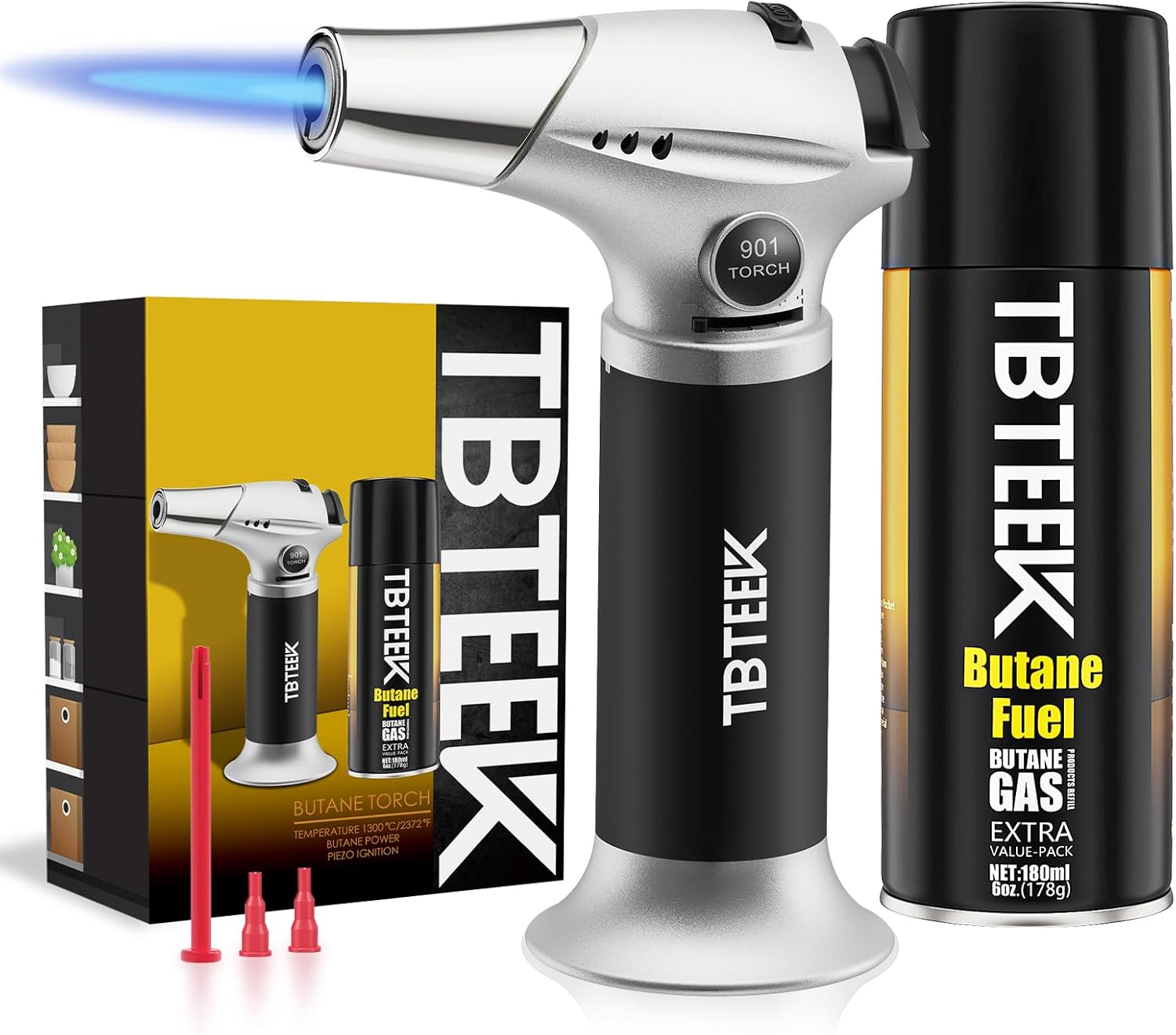 TBTeek Torch Lighter - Adjustable Flame Kitchen Torch with Butane Fuel Refill & Safety Lock | Ideal for Cooking, BBQ, Baking, DIY