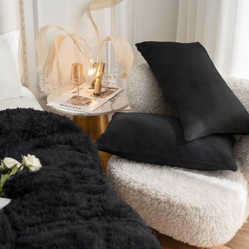 CHOSHOME Plush Shaggy Duvet Cover King Size, 3 PCS Fluffy Comforter Fuzzy Flannel Bedding Sets(1 Faux Fur Duvet Cover + 2 Pillowcases), Zipper Closure & 8 Corner Ties, Black