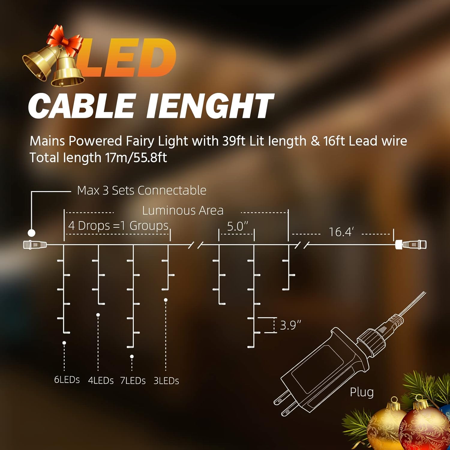 USOKYO Icicle String Lights - 480 LED Warm White Fairy Lights with 8 Modes & Timer | 39FT for Outdoor Use