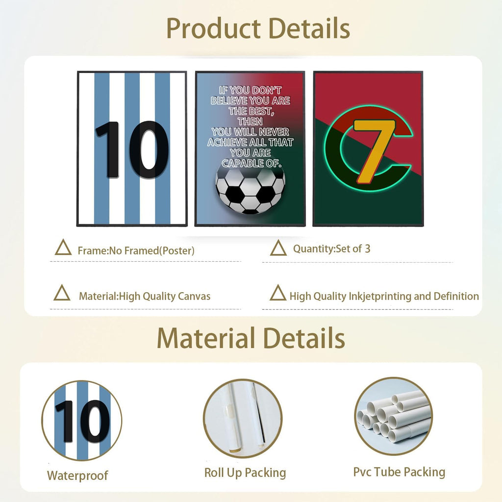 Pormipone Football Wall Art Decor - 3 Pcs Soccer Canvas Paintings for Boys' Room | 12x18 in