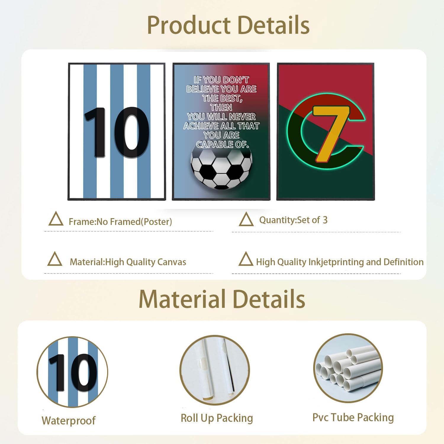 Pormipone Football Wall Art Decor - 3 Pcs Soccer Canvas Paintings for Boys' Room | 12x18 in