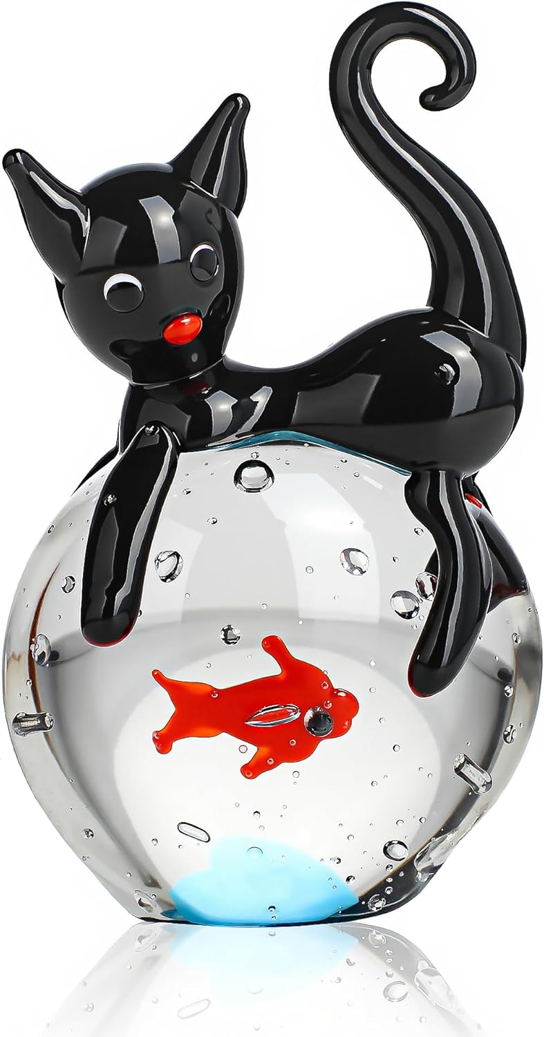 QFkris Black Cat Figurine - Mini Blown Glass Sculpture | 1.6" Collectible Art for Home Decor & Gifts