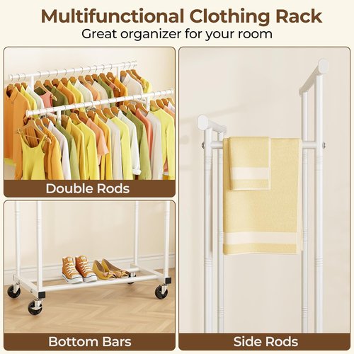 HYSEYY Rolling Clothes Rack - Sturdy Double Rod Portable Wardrobe for Bedroom & Laundry | White