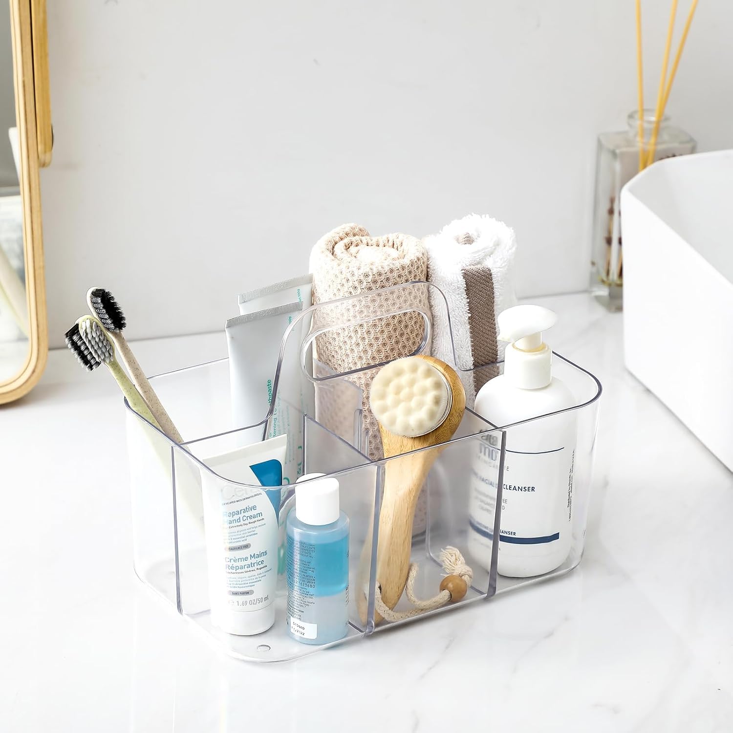 Multiuse Caddy Organizer by [Brand Name] - Portable Plastic Tote Bin for Art, Makeup & Office Supplies - Clear