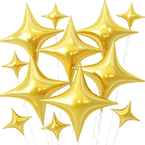 Gold Star Balloons | 12-Pack Four Angle Star Foil Balloons - 26" & 10" Gold Helium Balloons for Parties