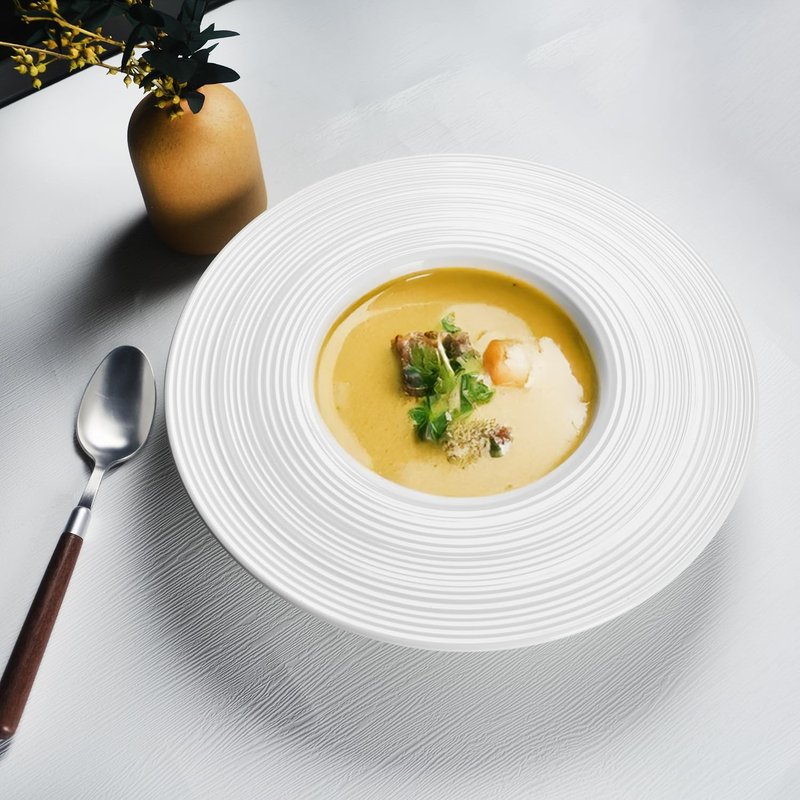 dingdaer Soup Plates Soup bowls Set of 4, Ceramics Rimmed Small Mouth Pasta Plates, for high end restaurants and best choice for gourmets, Modern and stylish tableware (Embossed coil, 10.9 Inch)