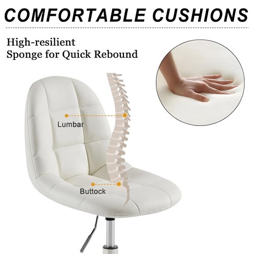 VECELO Armless Home Office Desk Chair, Height Adjustable, PU Leather 360 Degree Swivel with Wheels, Stylish Casual Vanity Seat for Study, Work, Makeup, Leisure, Weight up to 330 Lbs, White