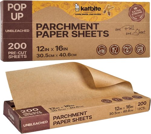 Katbite Parchment Paper Sheets - 200 PCS Precut Unbleached Baking Paper | 12x16 Inches, Non-Stick & Heavy Duty