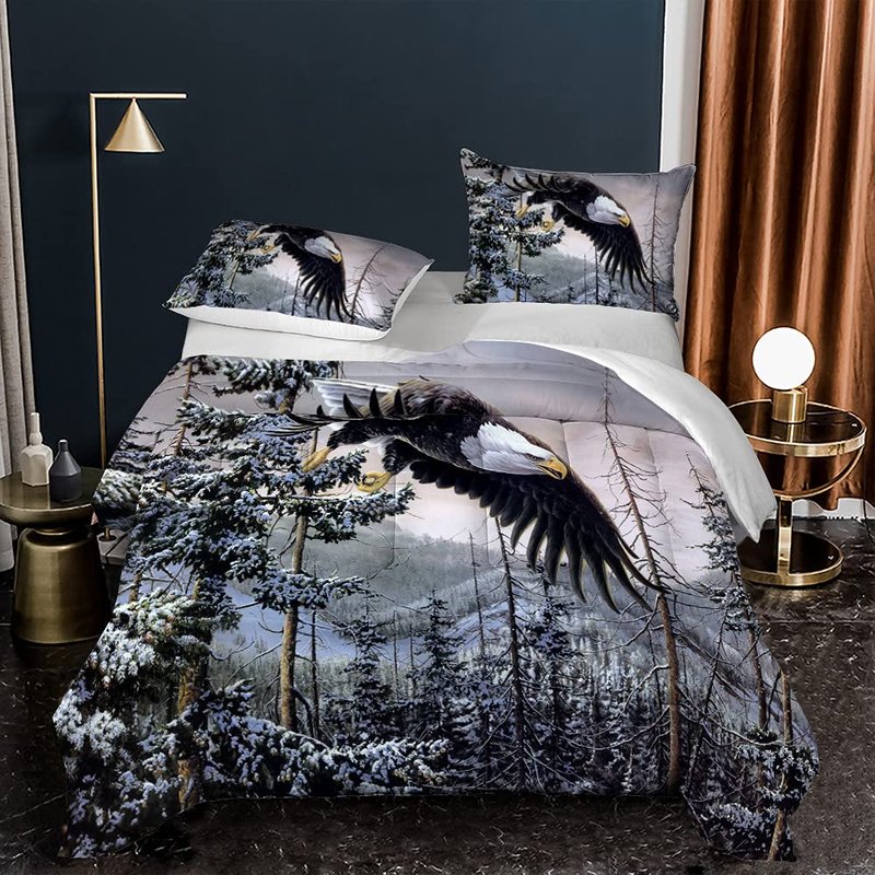 Albideyaa Wildlife Bald Eagle Kids Comforter Sets Queen Size Bed Bedding Set Nature Snow Forest 3D Print Duvet Animal Theme Boys Girls Teens Adult Quilt Set with 2Pillowcase