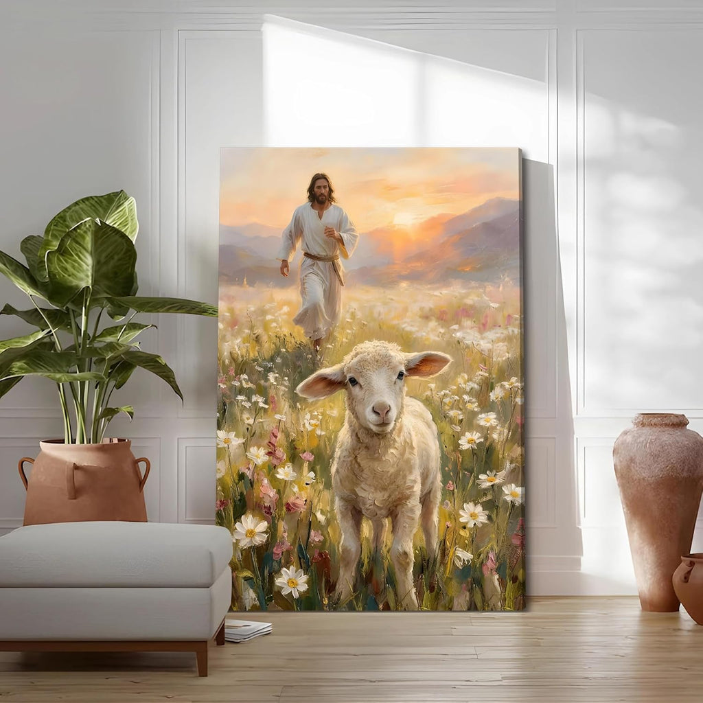 SIXWOOD Canvas Wall Art - Good Shepherd Jesus Seeking Lost Sheep | Framed 12x16 in Christian Decor