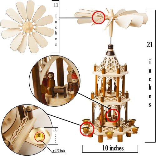 German Christmas Decoration Pyramid - 21-Inch Wooden Nativity Scene - 3-Tier Carousel with 6 Candle Holders | Holiday Tabletop Decor