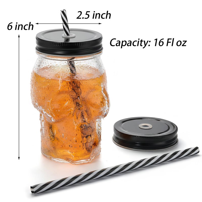 TOPZEA 6 Pack Mason Jars Mugs, 16 oz Glass Skull Mason Drinking Mugs Tumbler Cup with Straws Old Fashioned Jar Drinking Glasses Heavy Base for Beverage, Brandy, Liquor, Jello