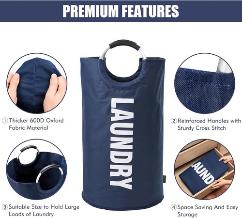 DOKEHOM X-Large Collapsible Laundry Basket - 125L Capacity, Durable Fabric, Dark Blue Color