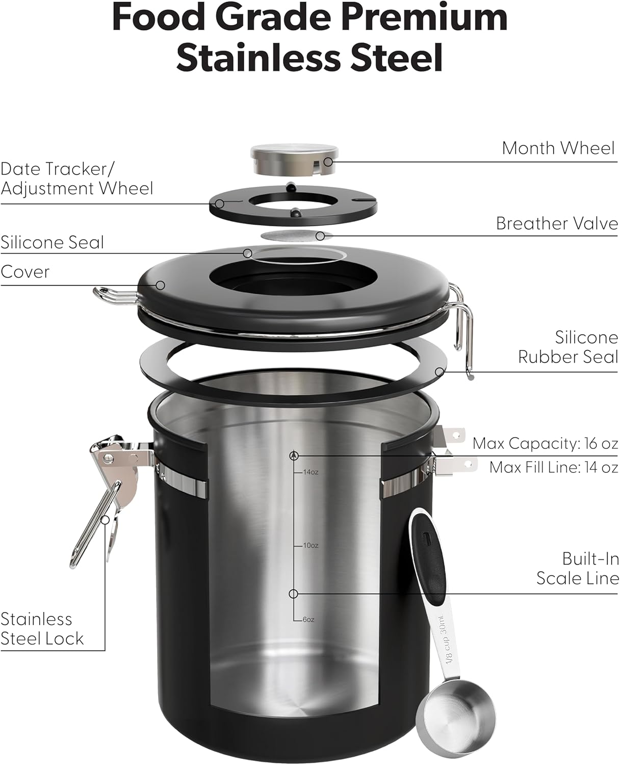 Veken Coffee Canister - Airtight Stainless Steel Storage Container with Window & Date Tracker | 16oz Black