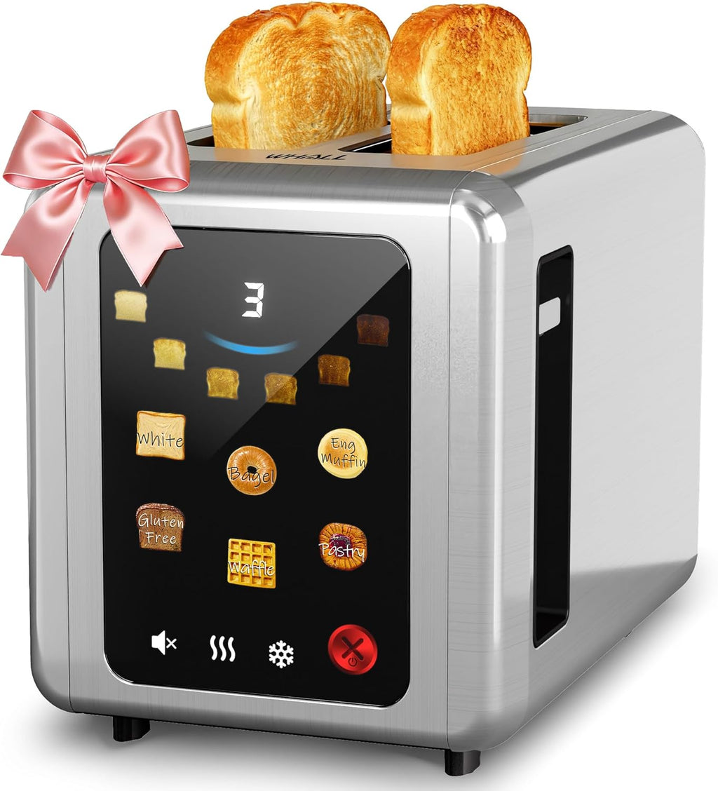WHALL Stainless Steel 2-Slice Toaster - Full Touch Screen, Digital Timer, 6 Bread Types & Shades, Silver