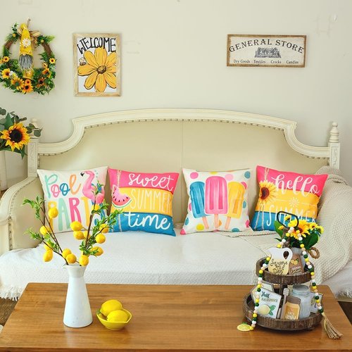 GEEORY Hello Summer Pillow Covers 18x18 Inch Set of 4, Popsicles Flamingo Swim Ring Pool Party Sweet Summer Time Farmhouse Decorative Throw Pillowcases for Home Sofa Couch Decoration G525-18