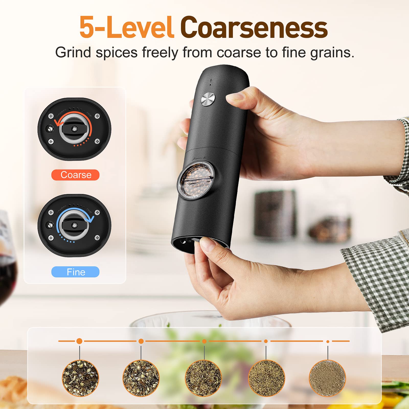 Electric Salt and Pepper Grinder Set, Rechargeable Automatic Pepper Mill Grinder with LED Light, Adjustable Coarseness shakers, One-Hand Operation for Kitchen Appliances(2 Pack Black)