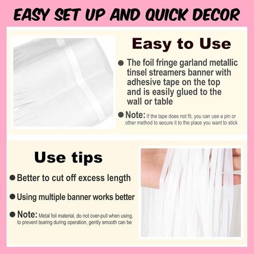 Macaron 10 Ft White Foil Fringe Garland - Metallic Streamers for Party Decorations | 4 Pack