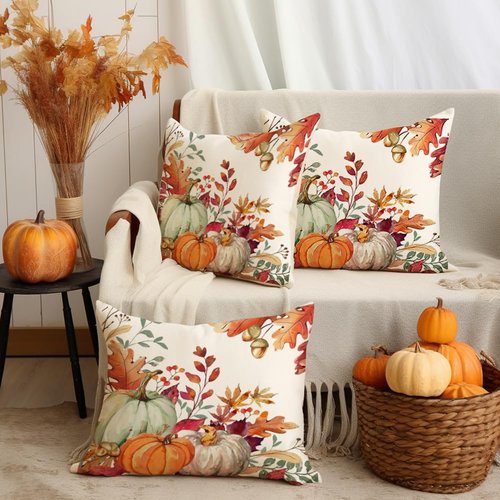 RABUSOFA Fall Pillow Covers 18x18 Set of 2,Velvet Autumn Pumpkin Pillows Decorative Throw Pillows Thanksgiving Decor Pillow Cases for Couch Fall Decorations for Home Maple Leaves
