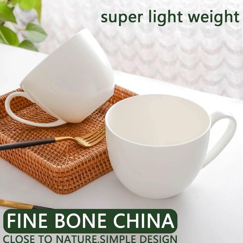 Chulan Extra Large White Bone China Cereal Mugs, 22 oz Ceramic Coffee Mug Set of 6, Latte Mugs Mocha Tea Cup, Jumbo Porcelain Soup Mugs with Big Handle for Desserts Snack, Microwave ＆ Dishwasher Safe