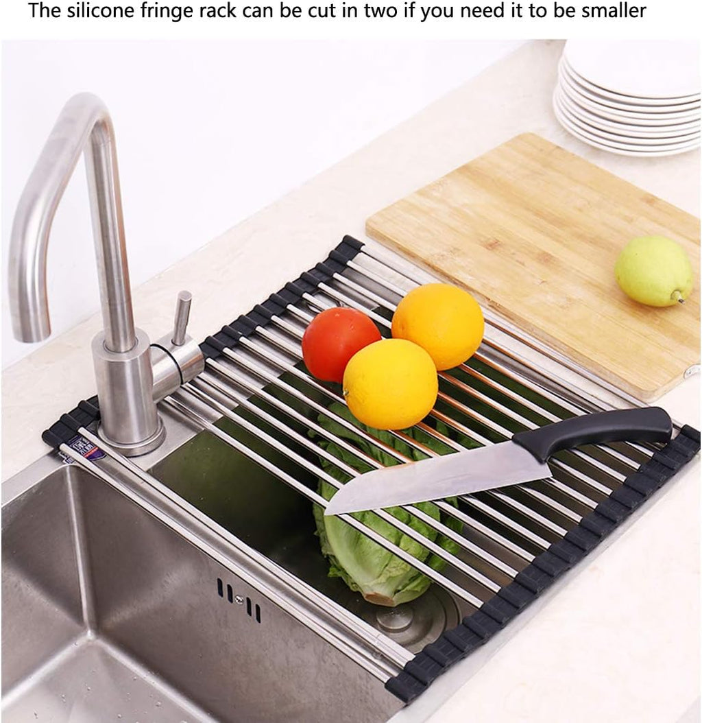 Skiennix Over The Sink Dish Drying Rack - 304 Stainless Steel, Foldable & Rollable, 17.7" x 16" - Black
