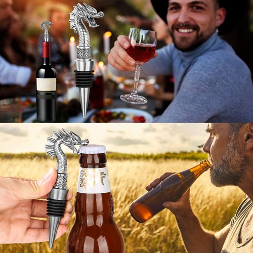 LKKCHER Dragon Head Wine Stopper and Opener - Wine and Champagne Bottle Stoppers, Dragon Fans Gifts for Men, Dad, Birthday, Father's Day, Christmas, Dark Silver