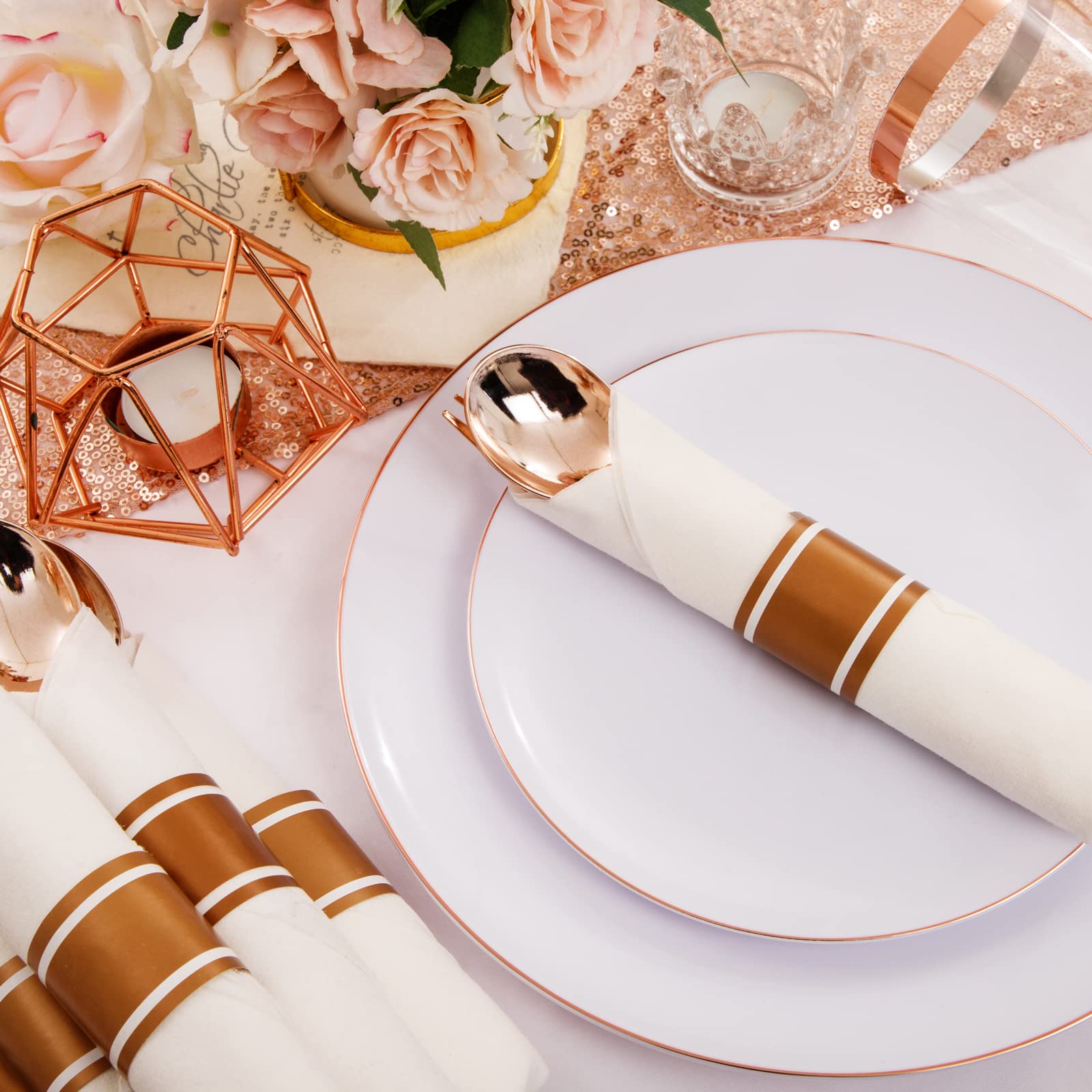 LUODA 350PCS Rose Gold Plastic Plates, Rose Gold Dinnerware Sets include：100 Party Plates, 50 Pre-Rolled Napkins with Rose gold Silverware and 50 10OZ Plastic Cups,Idea for Party