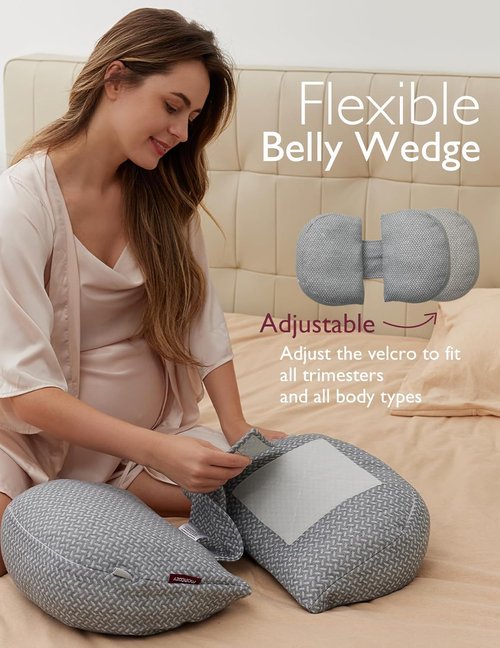 Momcozy Pregnancy Pillow - W-Shaped Maternity Support for Side Sleepers | Adjustable Travel Wedge, Deep Grey