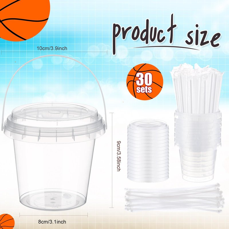 Funnymoom 30 Sets Clear Plastic Cups 24 oz Ice Cream Buckets with Lids & Straws Disposable Drink Cups Cocktail Pails Bulk with Handles and Stickers for Outdoor Beach Birthday Pool Party(Halloween)