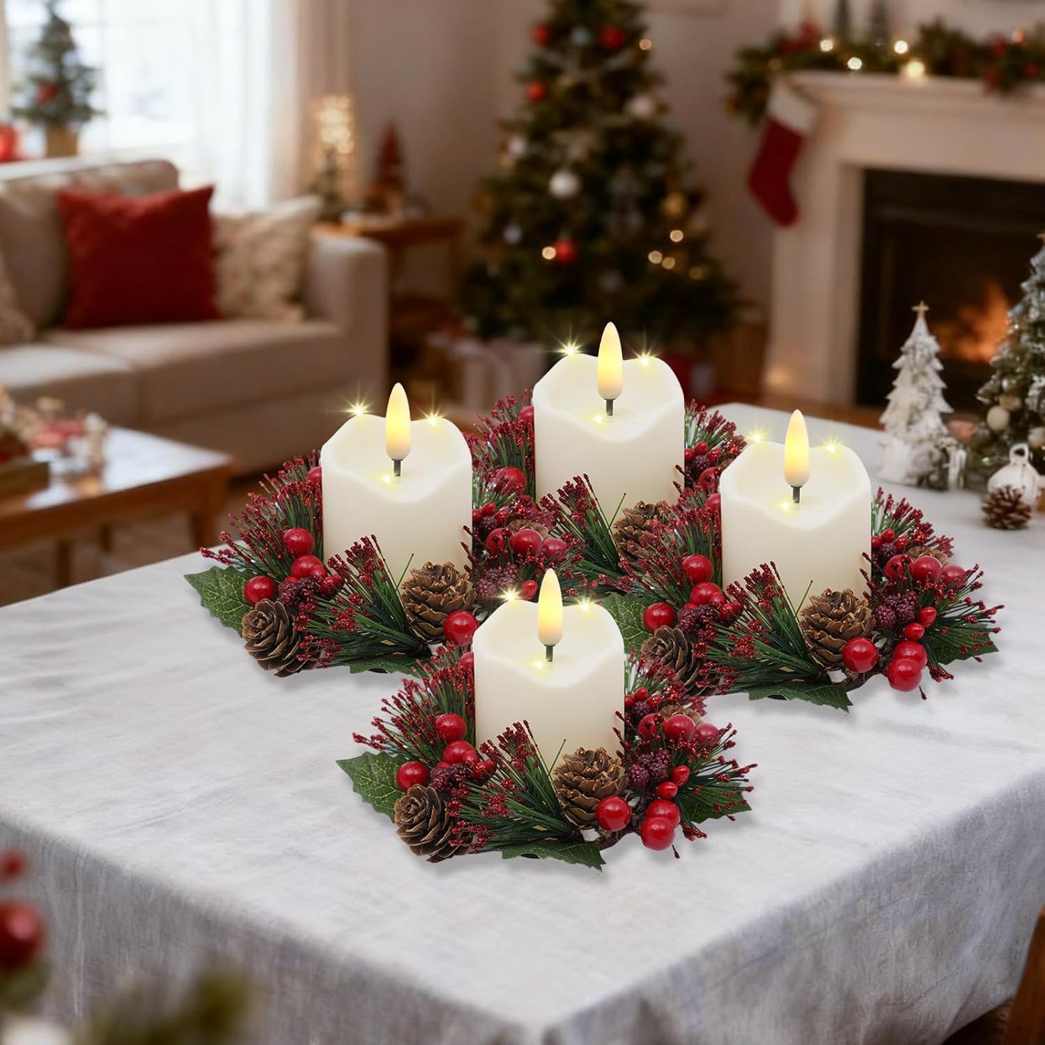 Regine Switzerland Candle Rings Set of 6 - Festive Wreaths with Red Berries & Pinecones for Christmas Decor