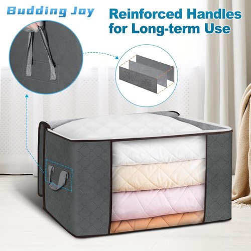 Budding Joy | Foldable Large Blanket Storage Bags - 60L Capacity, 6-Pack, Gray | Ideal for Clothes, Toys & More