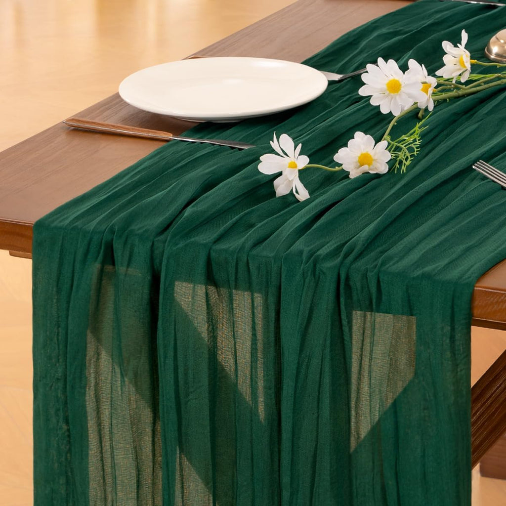 Socomi Emerald Green Cheesecloth Table Runner - 10FT Rustic Boho Decor for Weddings & Events