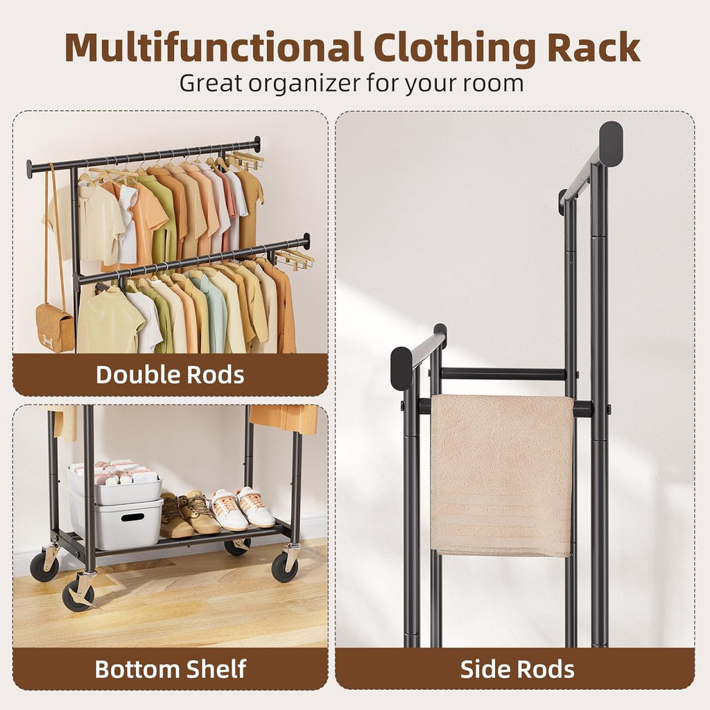 Skiennix Double Rod Clothing Rack - Portable Metal Garment Rack with Rolling Wheels | Black