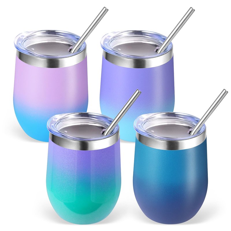Volhoply 12oz Stainless Steel Wine Tumbler with Lid Bulk 4 Pack,Double Wall Vacuum Stemless Wine Glasses,Reusable Metal Travel Coffe Mug with Straw,Insulated Cup Gifts for Christmas（Assorted,4 Set）