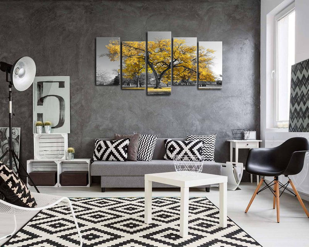 Visual Art Decor 5 Pieces Canvas Painting Prints Large Autumn Yellow Tree in Black and White Fall Landscape Home Office Wall Decoration Framed Wall Decor Artwork