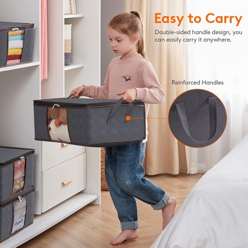 Lifewit 4-Pack Foldable Clothes Storage Bags - Reinforced Handles & Clear Window for Easy Organization | Gray