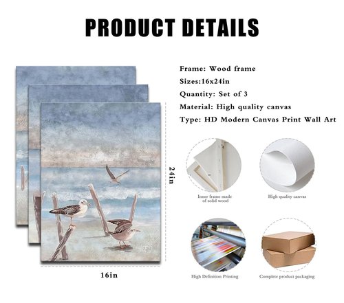 Kdyudo 3 pcs Beach and Seagull Canvas Framed Wall Art, Blue Sand and Seagull Printed Poster Seascape and Beach Scenery Theme Suitable for Living Room Bedroom and Office Wall Decor 16x24 inch
