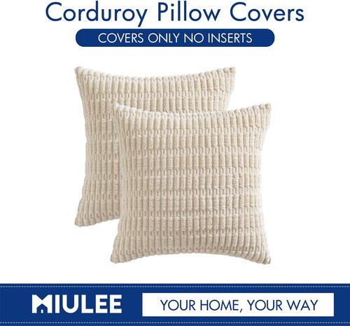 MIULEE Corduroy Decorative Throw Pillow Covers - Soft Boho Striped 18x18 Inch for Modern Farmhouse Decor | Cream White