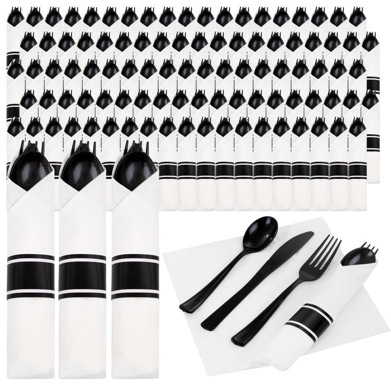 Supernal 120 Pack Black Plastic Silverware,Rolled Silverware Disposable,Pre Wrapped Cutlery Set with Napkin,Plastic Utensils Heavy Duty, Rolled Black Cutlery