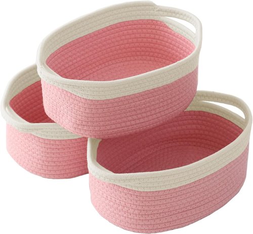 JMvicyroam Woven Basket - Small Rope Storage Bin with Handles for Organizing Shelves | White & Pink - 3 Pack