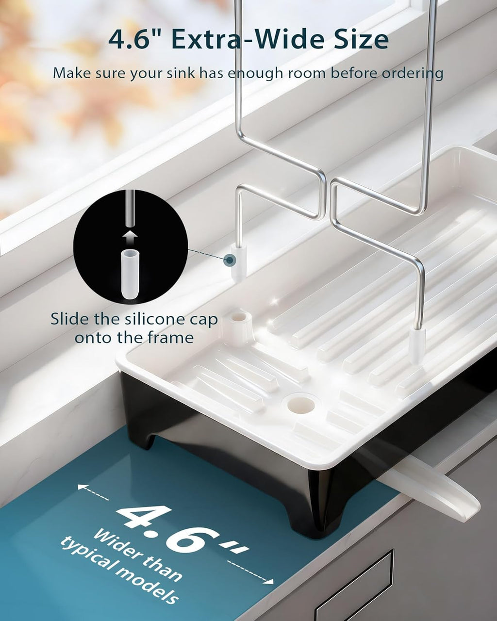 Skiennix Minimalist Sink Caddy - Rustproof Sponge Holder with 304 Stainless Steel Brush Holder | Large Black Countertop Organizer