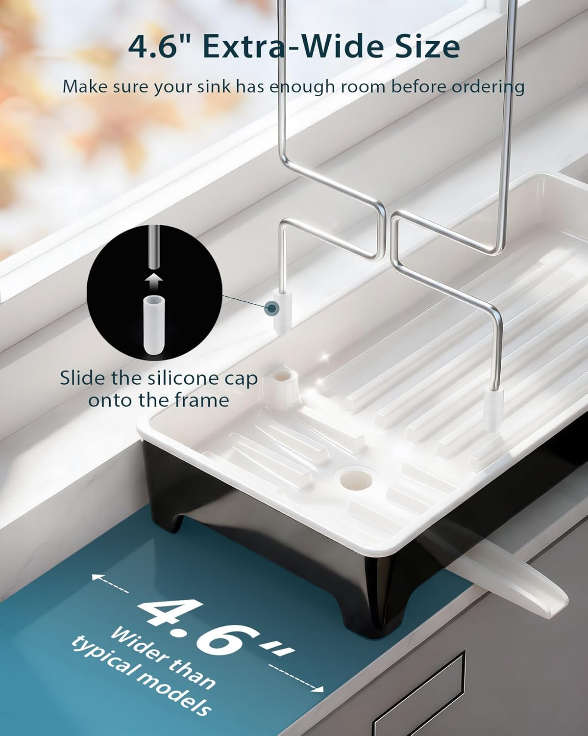 Skiennix Minimalist Sink Caddy - Rustproof Sponge Holder with 304 Stainless Steel Brush Holder | Large Black Countertop Organizer