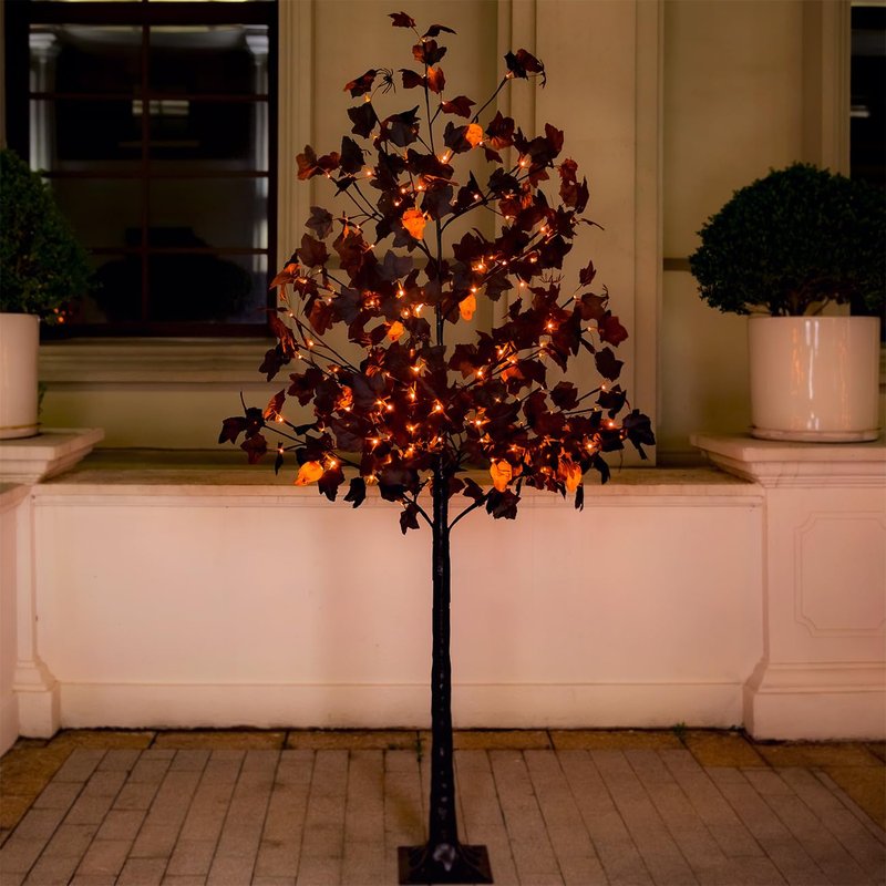 TYBEEU 6ft Black Maple Halloween Tree with LED Skull Lights & Spiders, 160 Bulbs, Dimmable Timer, 16ft Cord, Indoor & Outdoor Decor