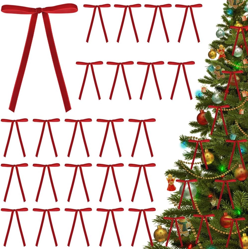 Quimoy Velvet Christmas Bows - 24 Pcs Red Ribbon Ornaments for Tree, Wreath & Garland | 5x7 Inch