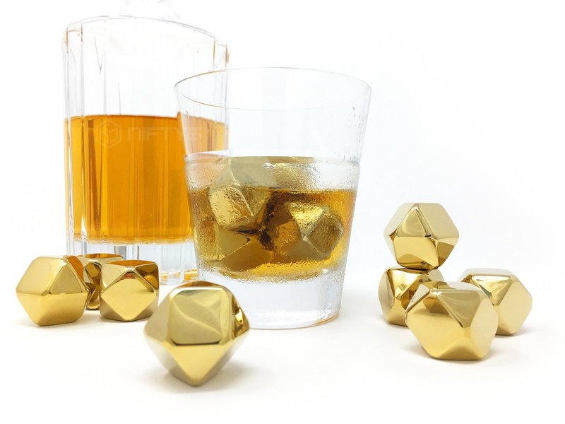 Whiskey Stones Gold Edition Gift Set of 8 Stainless Steel Diamond Shaped Metal Ice Cubes, Reusable Chilling Rocks Including Silicone Tip Tongs and Storage Tray