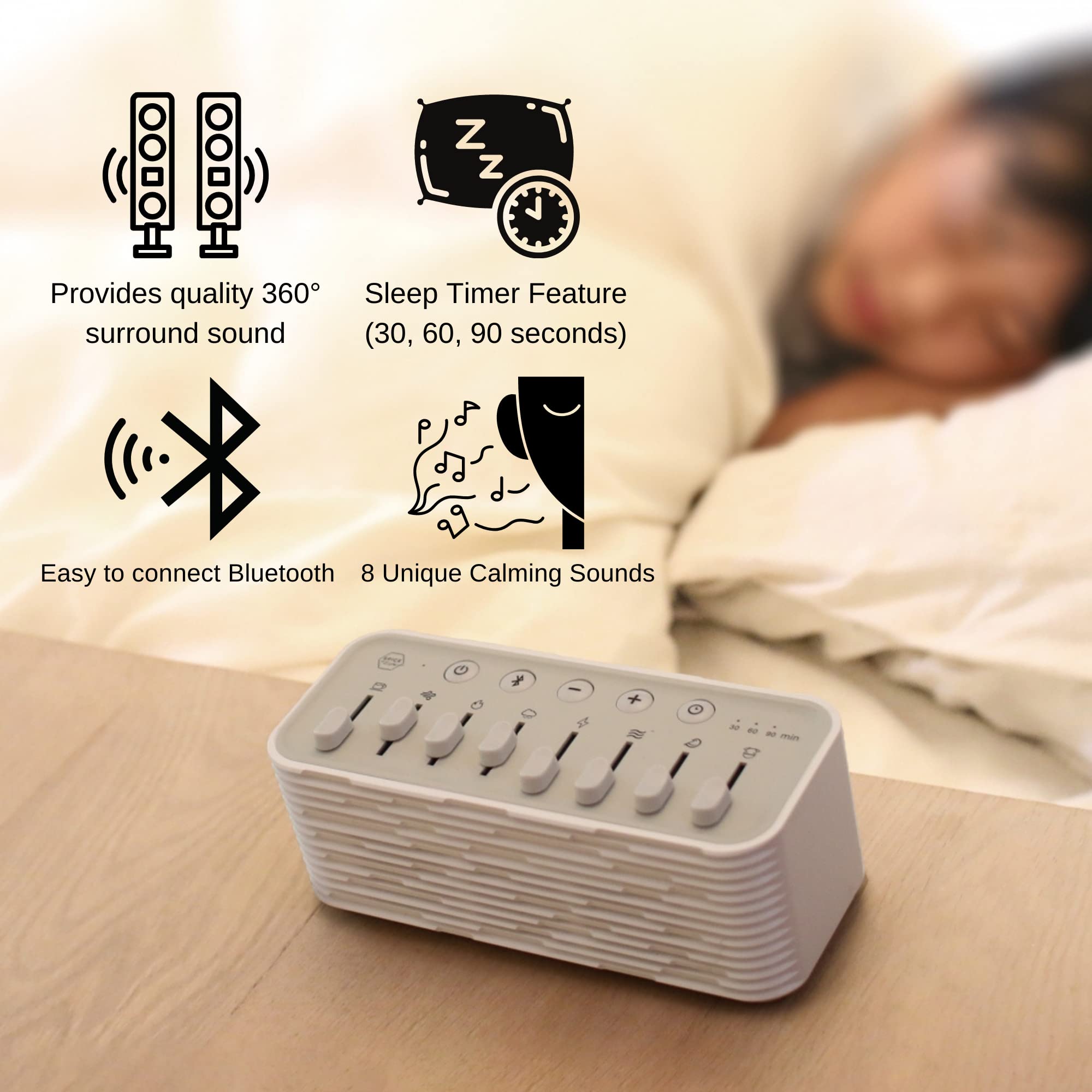 SPICE OF LIFE Tranquility Sound Machine - White | USB Powered (Plug-in) White Noise Bluetooth Speaker, Sleep Timer, Rain Sound Projector | for Babies, Nursery, Kids, Adults | Bedroom, Office Décor
